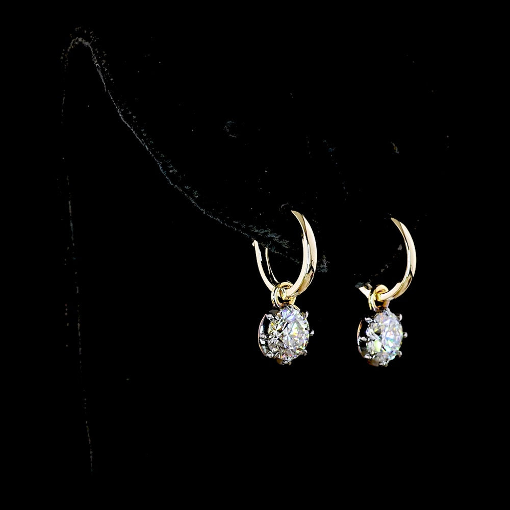 14K Yellow Gold Hanging Drop Earrings with 2.02 Carat Total Weight Round Brilliant Cut Lab Diamonds - D VS1 Clarity with Prong & Black Rhodium Setting - Covaloro Fine Jewelry