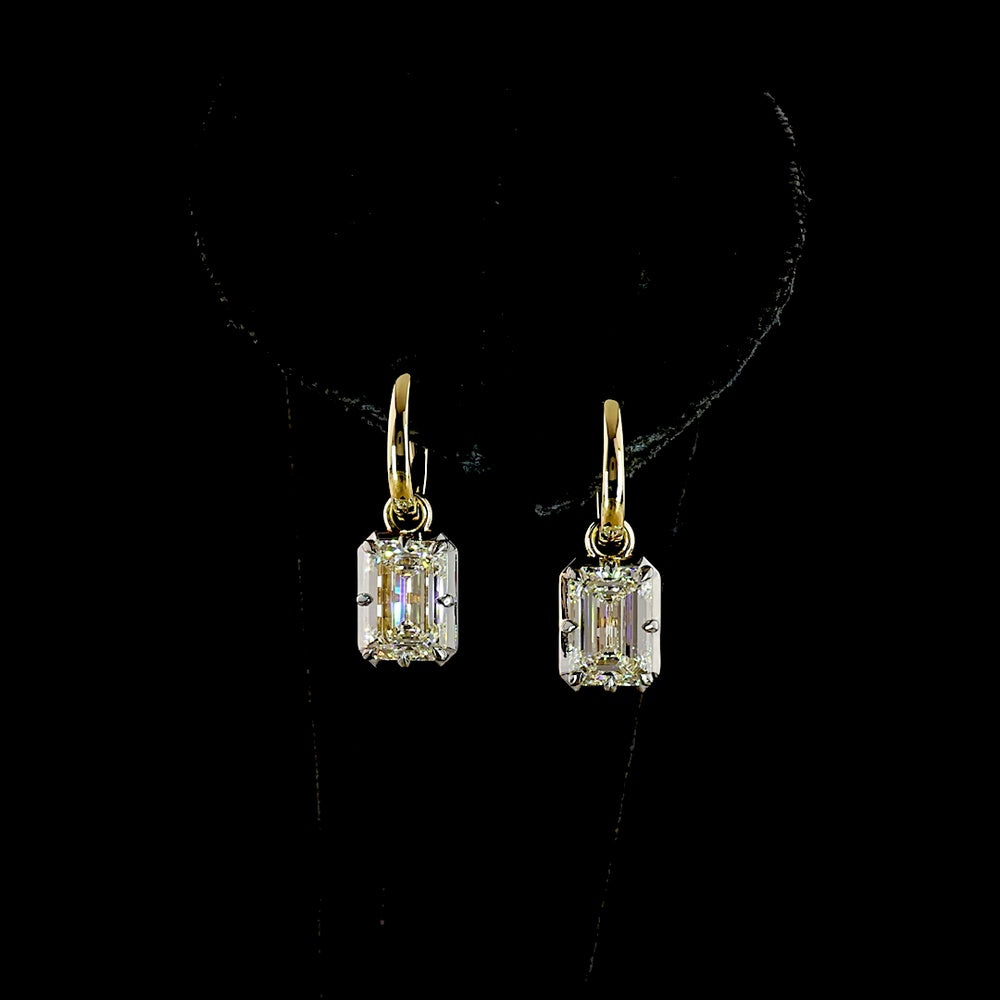 14K Yellow Gold Hanging Drop Earrings with 2.03 Carats & 2.04 Carats Emerald Cut Lab Grown Diamonds - 4.07 Carat Total Weight, E-F VS1 Clarity, Black Rhodium Accented Prong Bezel Setting - Covaloro Fine Jewelry