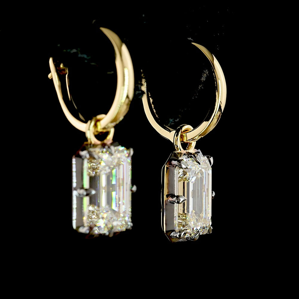 14K Yellow Gold Hanging Drop Earrings with 2.03 Carats & 2.04 Carats Emerald Cut Lab Grown Diamonds - 4.07 Carat Total Weight, E-F VS1 Clarity, Black Rhodium Accented Prong Bezel Setting - Covaloro Fine Jewelry