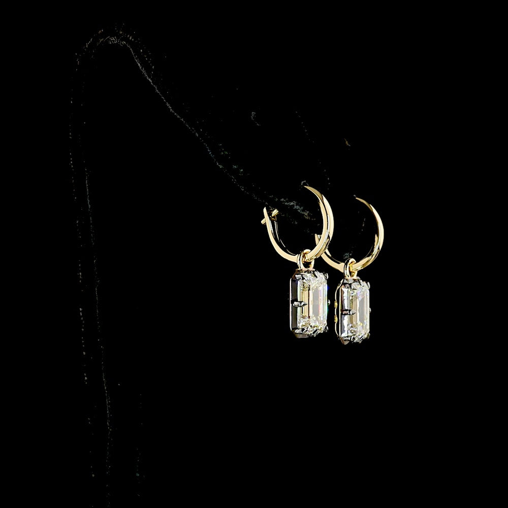 14K Yellow Gold Hanging Drop Earrings with 2.03 Carats & 2.04 Carats Emerald Cut Lab Grown Diamonds - 4.07 Carat Total Weight, E-F VS1 Clarity, Black Rhodium Accented Prong Bezel Setting - Covaloro Fine Jewelry