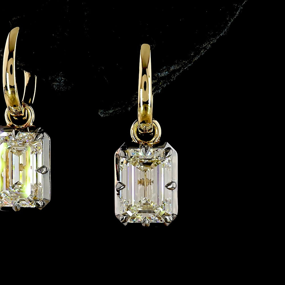 14K Yellow Gold Hanging Drop Earrings with 2.03 Carats & 2.04 Carats Emerald Cut Lab Grown Diamonds - 4.07 Carat Total Weight, E-F VS1 Clarity, Black Rhodium Accented Prong Bezel Setting - Covaloro Fine Jewelry