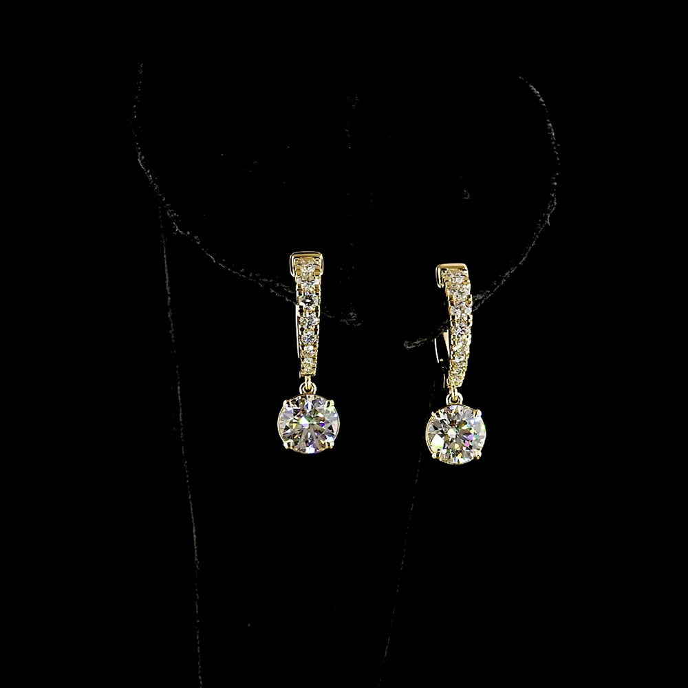 14K Yellow Gold Hanging Drop Earrings with 2.51 Carat Total Weight Lab Diamonds - Round Brilliant Cut, Prong-Set E-F VS1 Clarity - Covaloro Fine Jewelry