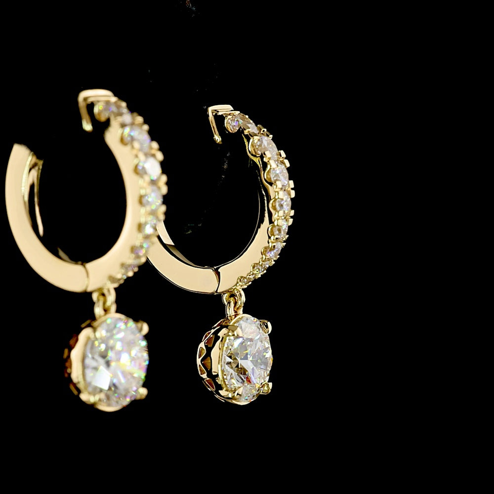 14K Yellow Gold Hanging Drop Earrings with 2.51 Carat Total Weight Lab Diamonds - Round Brilliant Cut, Prong-Set E-F VS1 Clarity - Covaloro Fine Jewelry