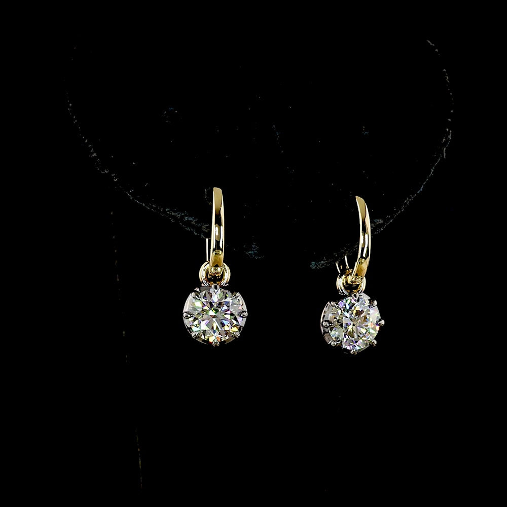 14K Yellow Gold Hanging Drop Earrings with 2-Carat Lab-Grown Round Brilliant Diamonds - D VS1 Clarity with Black Rhodium Accents - Covaloro Fine Jewelry