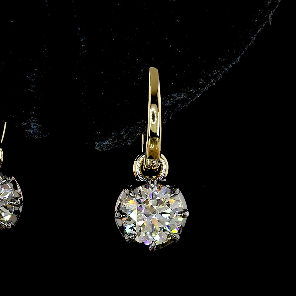 14K Yellow Gold Hanging Drop Earrings with 2-Carat Lab-Grown Round Brilliant Diamonds - D VS1 Clarity with Black Rhodium Accents - Covaloro Fine Jewelry