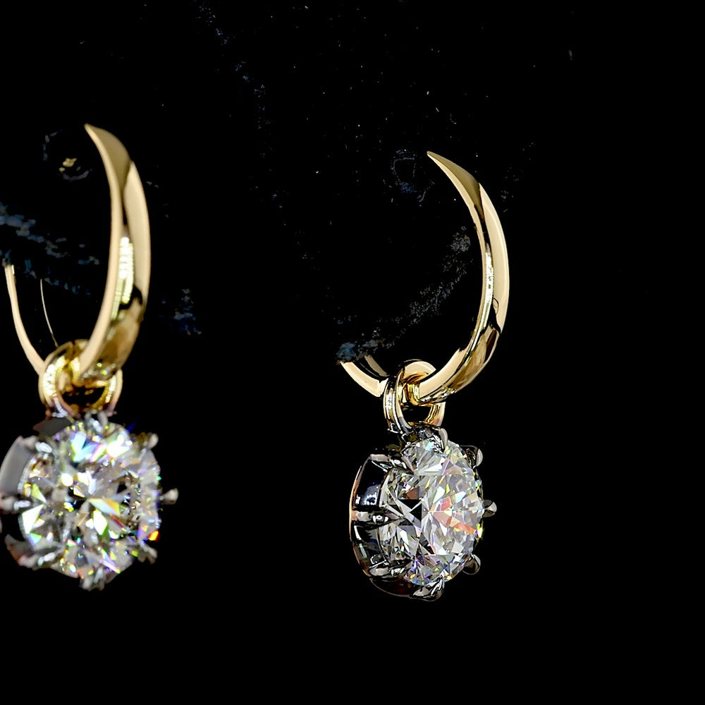 14K Yellow Gold Hanging Drop Earrings with 2-Carat Lab-Grown Round Brilliant Diamonds - D VS1 Clarity with Black Rhodium Accents - Covaloro Fine Jewelry