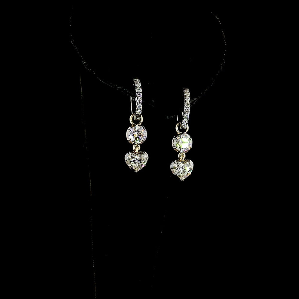 14K Yellow Gold Hanging Drop Earrings with Bezel Set Round and Heart Shaped Lab Diamonds - 2.53 Carats Total Diamond Weight - Covaloro Fine Jewelry