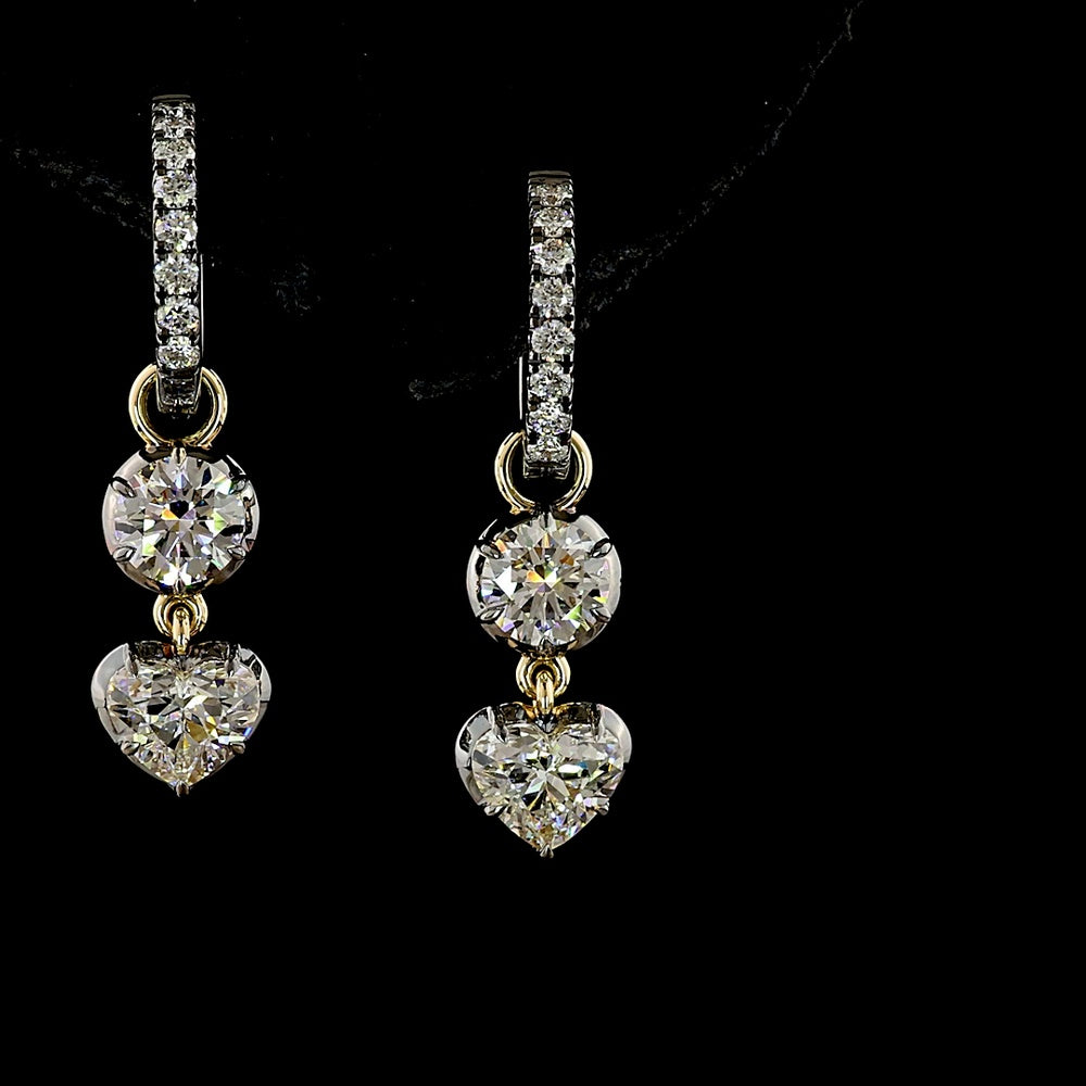 14K Yellow Gold Hanging Drop Earrings with Bezel Set Round and Heart Shaped Lab Diamonds - 2.53 Carats Total Diamond Weight - Covaloro Fine Jewelry