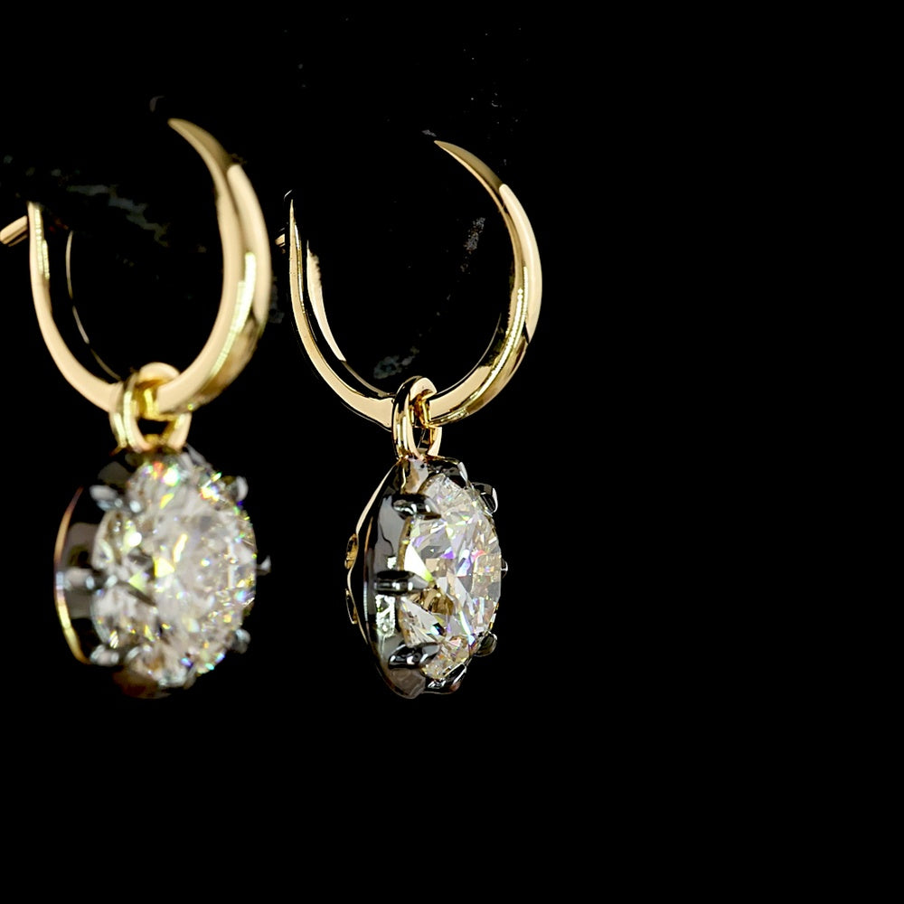 14K Yellow Gold Hanging Drop Earrings with Brilliant Round Cut Lab Diamonds - 4.06 Carat Total Weight (E-F Color, VVS2 Clarity) - Covaloro Fine Jewelry