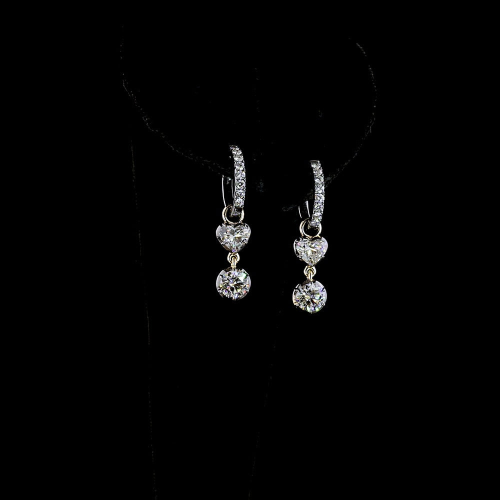 14K Yellow Gold Hanging Drop Earrings with Heart and Round Brilliant Cut Lab Diamonds - 2.19 Carats Total Diamond Weight - Covaloro Fine Jewelry