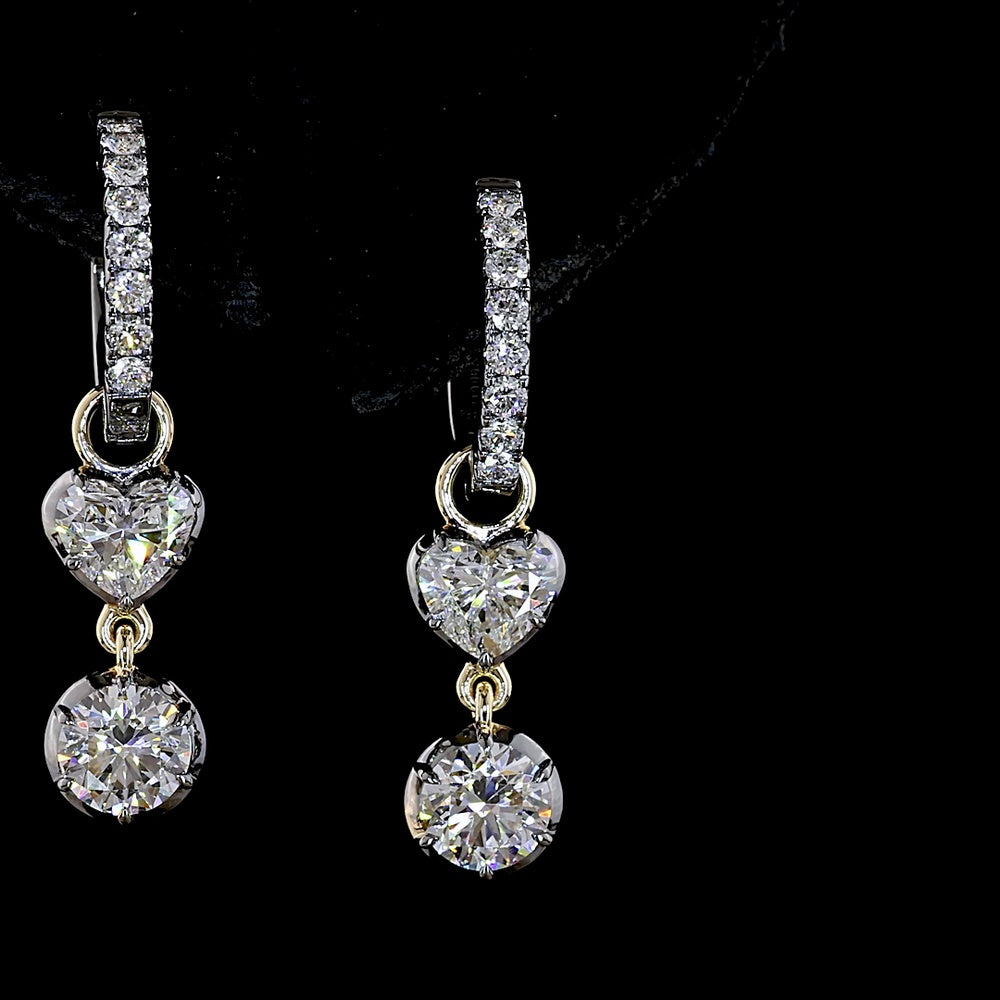 14K Yellow Gold Hanging Drop Earrings with Heart and Round Brilliant Cut Lab Diamonds - 2.19 Carats Total Diamond Weight - Covaloro Fine Jewelry