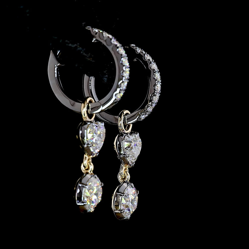 14K Yellow Gold Hanging Drop Earrings with Heart and Round Brilliant Cut Lab Diamonds - 2.19 Carats Total Diamond Weight - Covaloro Fine Jewelry