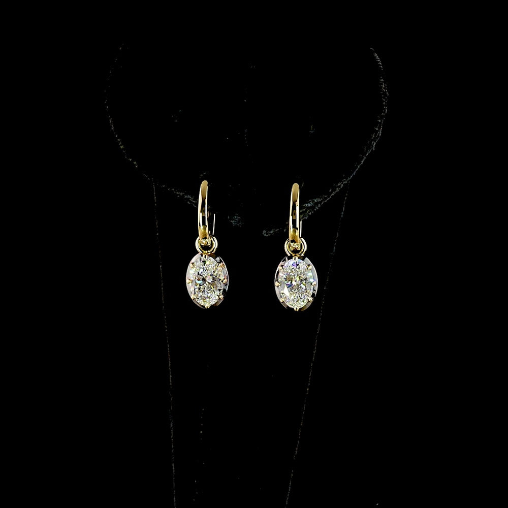 14K Yellow Gold Hanging Drop Earrings with Oval Cut Lab Grown Diamonds - 2.05 Carat Total Diamond Weight (E-F Color, VS1 Clarity) - Covaloro Fine Jewelry