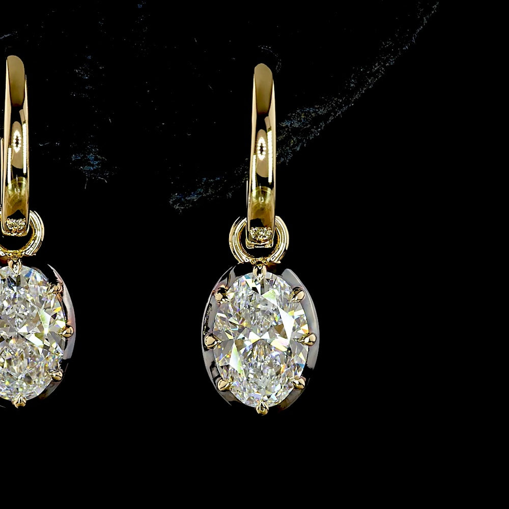 14K Yellow Gold Hanging Drop Earrings with Oval Cut Lab Grown Diamonds - 2.05 Carat Total Diamond Weight (E-F Color, VS1 Clarity) - Covaloro Fine Jewelry