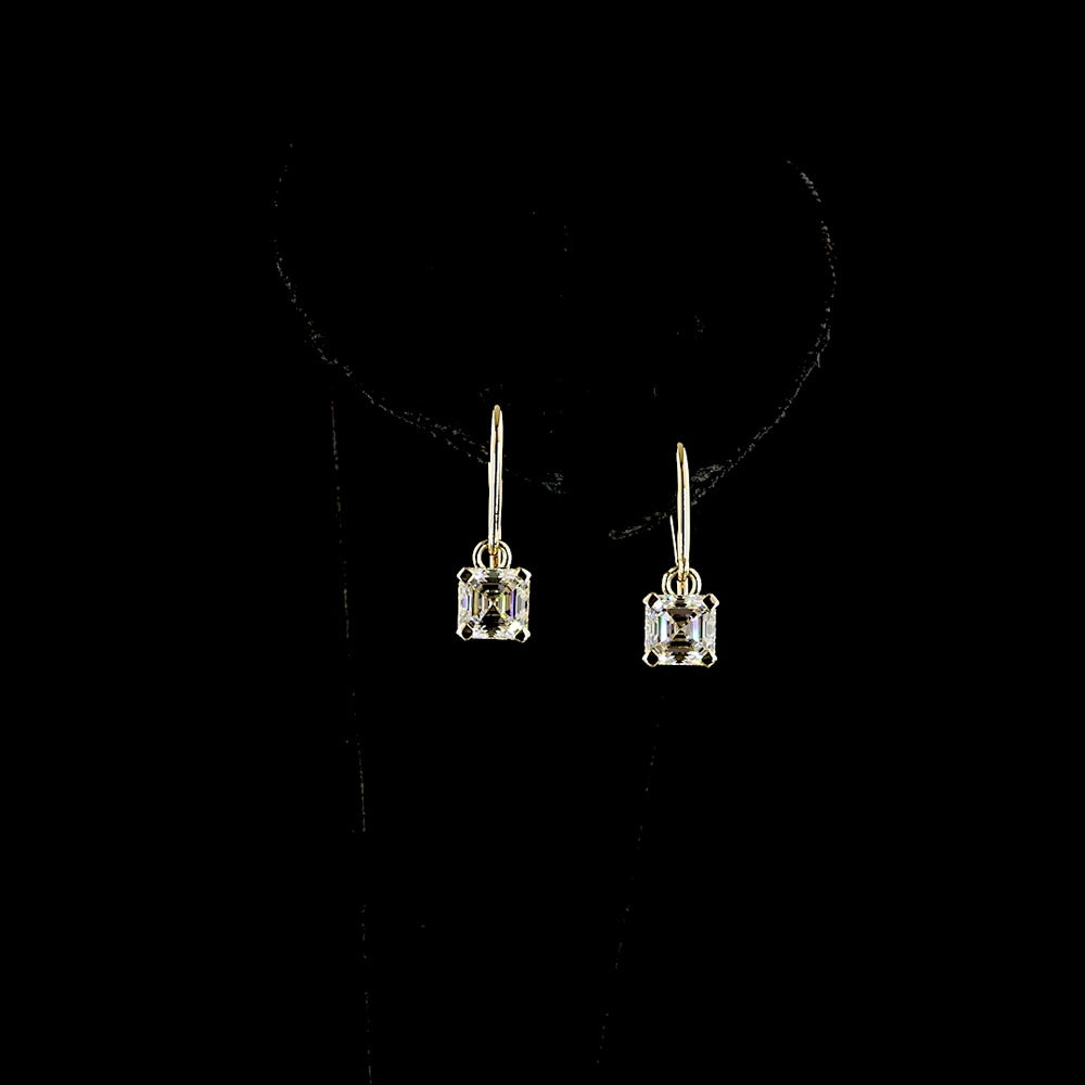 14K Yellow Gold Hanging Drop Earrings with Prong Set Asscher Cut Lab Diamonds - 2.03 Carats Total Diamond Weight - Covaloro Fine Jewelry