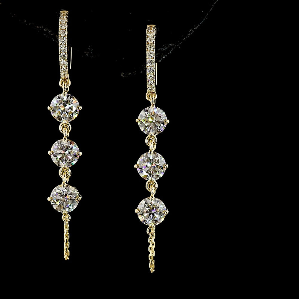 14K Yellow Gold Hanging Drop Earrings with Prong-Set Round Lab Diamonds - 3.31 Carats Total Diamond Weight - Covaloro Fine Jewelry