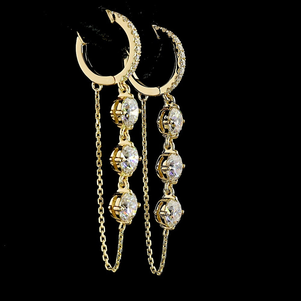 14K Yellow Gold Hanging Drop Earrings with Prong-Set Round Lab Diamonds - 3.31 Carats Total Diamond Weight - Covaloro Fine Jewelry