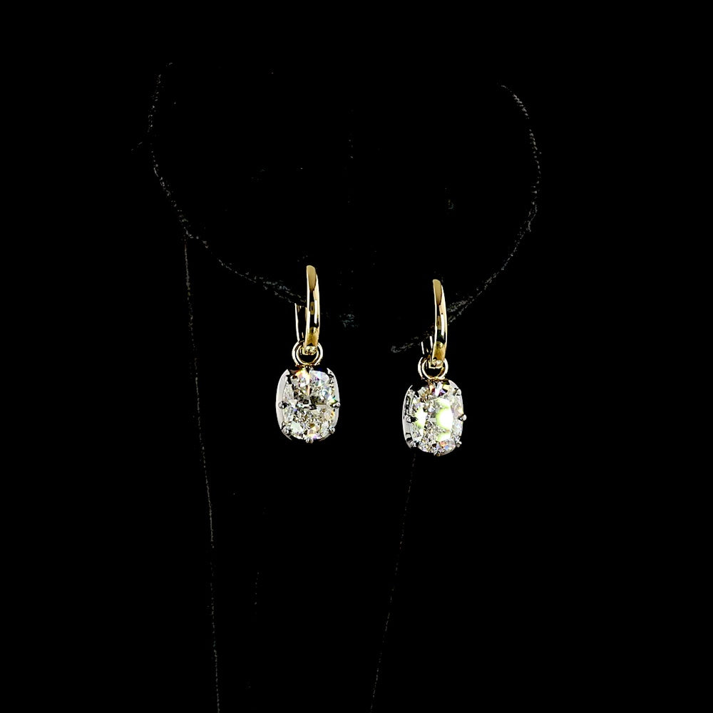 14K Yellow Gold Hanging Earrings with Cushion Brilliant Cut Lab Diamonds - 3.10 Total Carat Weight, E-F Color & VVS2 Clarity - Covaloro Fine Jewelry