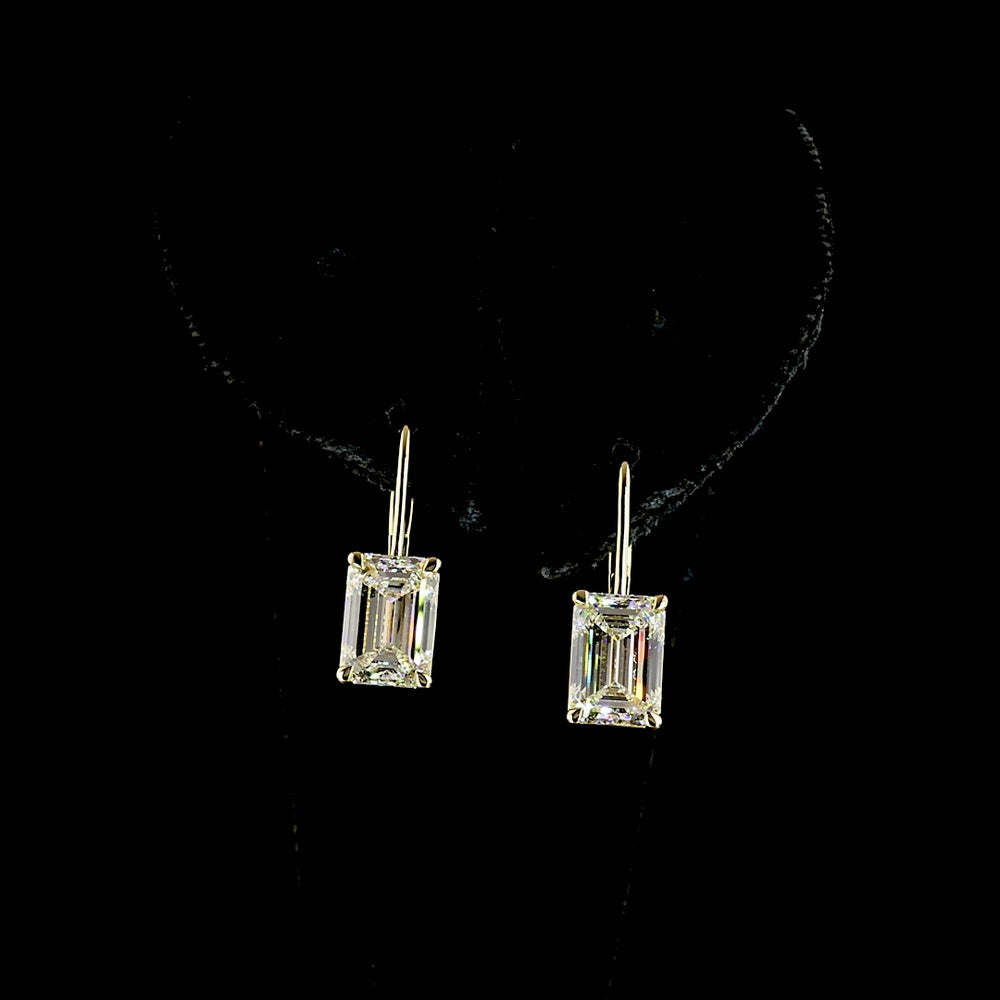 14K Yellow Gold Hanging Earrings with Emerald Cut Lab Diamonds and Brilliant Cut Accent Stones - 4.18 Carat Total Diamond Weight - Covaloro Fine Jewelry