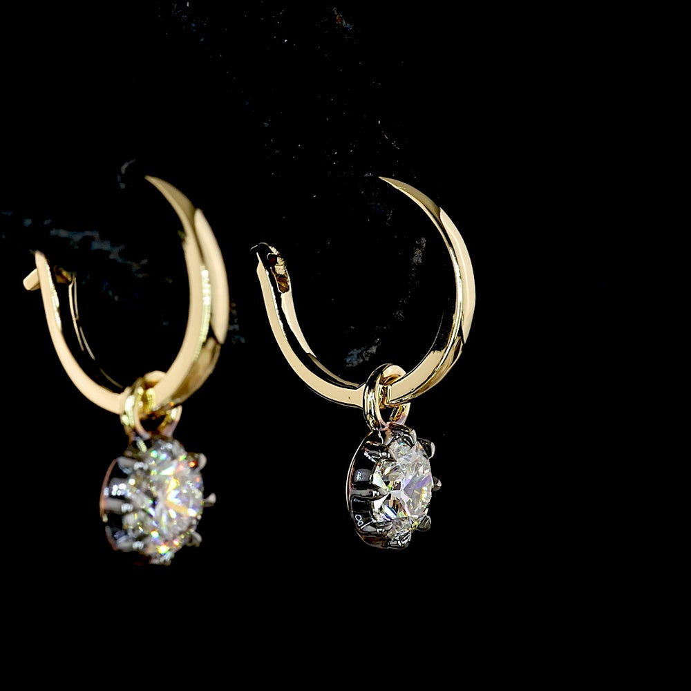 14K Yellow Gold Hanging Earrings with Round Brilliant Cut Lab Diamonds - 0.95 Carat Total Weight, E-F VS Clarity, Black Rhodium Accent Prong Bezel Setting - Covaloro Fine Jewelry