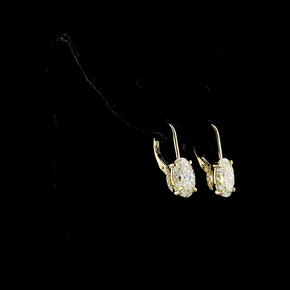 14K Yellow Gold Hanging Oval Cut Lab Diamond Earrings - 4.23 Carat Total Weight with F VS1 Center Stones and Accent Diamonds - Covaloro Fine Jewelry