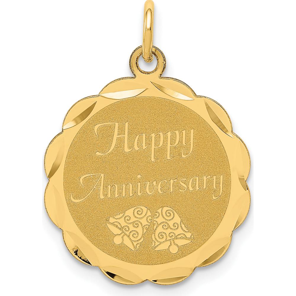 14K Yellow Gold "Happy Anniversary" 18mm Engravable Scalloped Edge Disc Pendant with Laser-Engraved Bells by Oro Pregiato