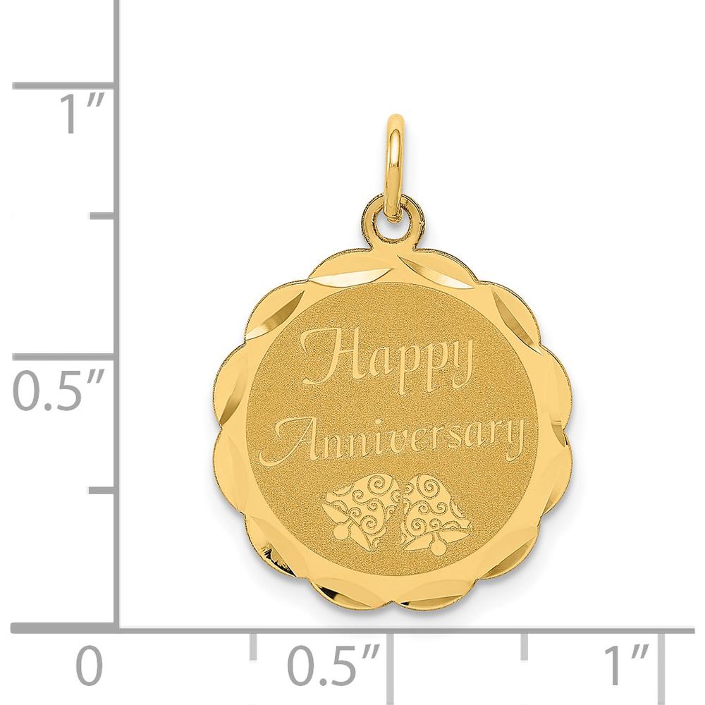 14K Yellow Gold "Happy Anniversary" 18mm Engravable Scalloped Edge Disc Pendant with Laser-Engraved Bells by Oro Pregiato
