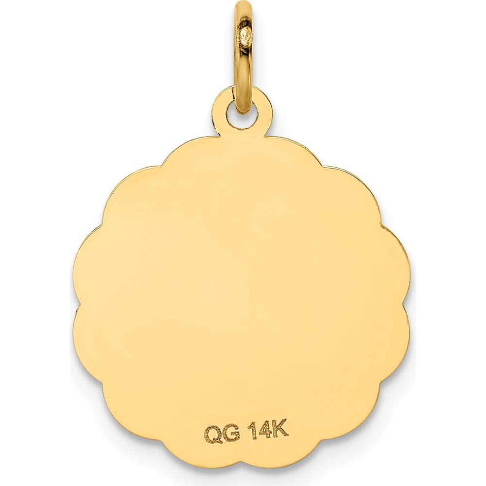 14K Yellow Gold "Happy Anniversary" 18mm Engravable Scalloped Edge Disc Pendant with Laser-Engraved Bells by Oro Pregiato