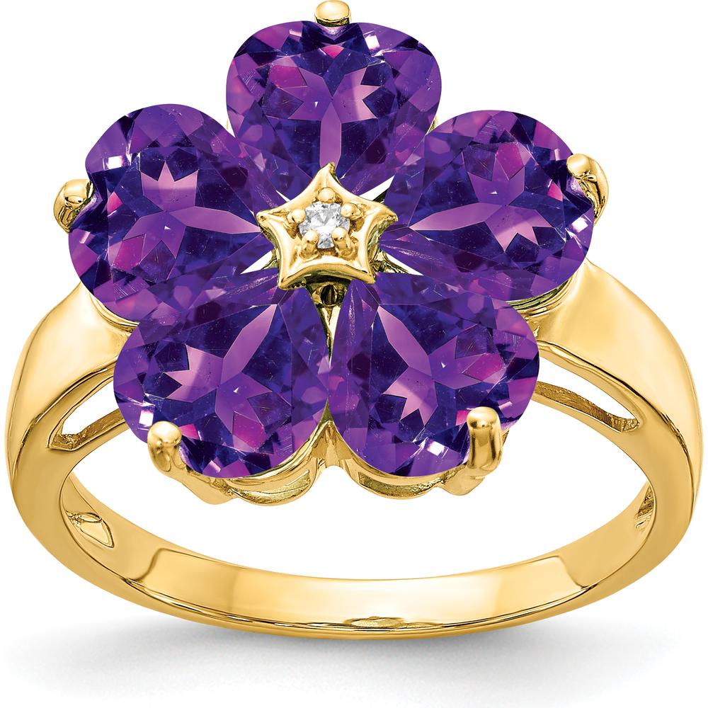 14K Yellow Gold Heart Amethyst and Diamond Flower Ring with 0.68 Carat Amethyst and 0.01 Carat Diamond by Monteluci Fine Jewelry