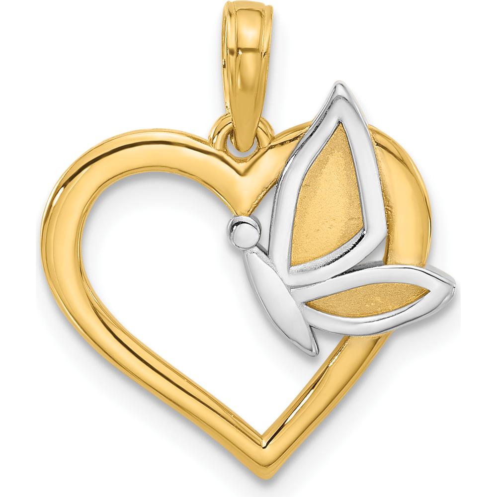 14K Yellow Gold Heart and Butterfly Pendant with Rhodium Accents - 20.9mm Length by Oro Pregiato