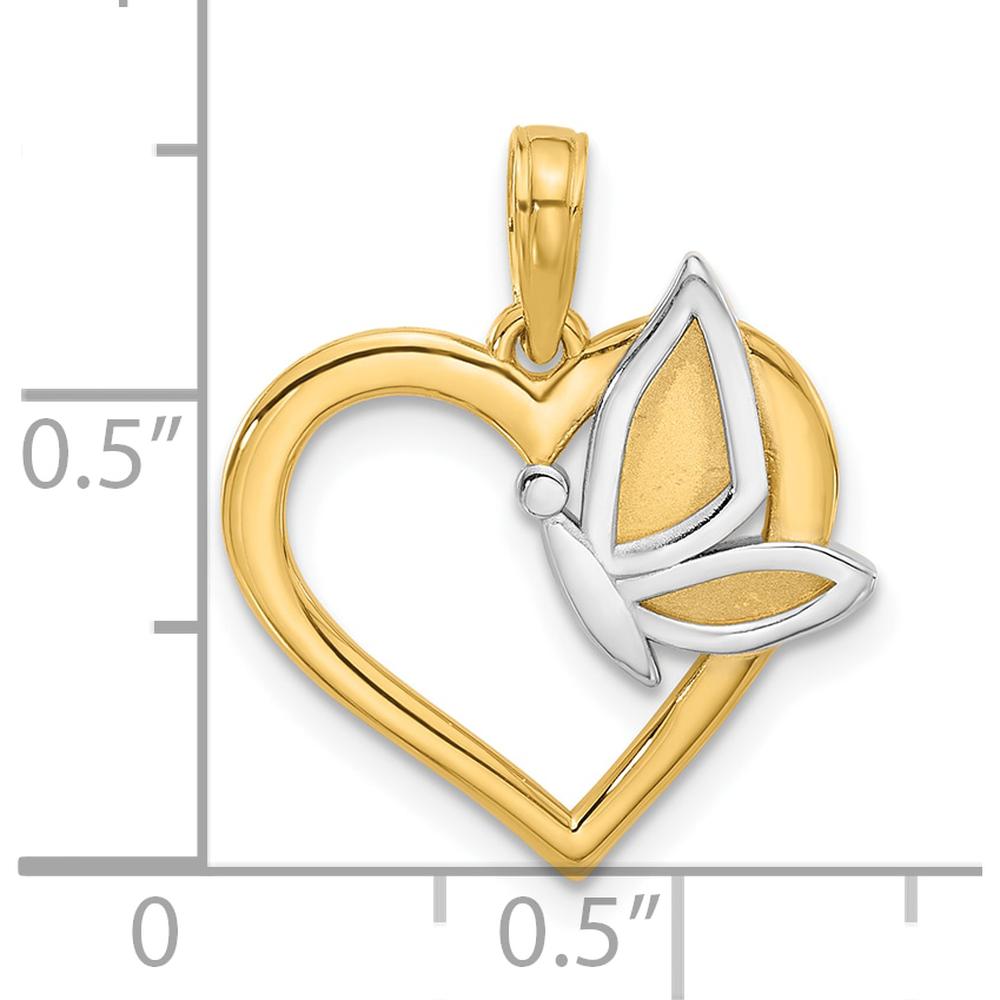 14K Yellow Gold Heart and Butterfly Pendant with Rhodium Accents - 20.9mm Length by Oro Pregiato