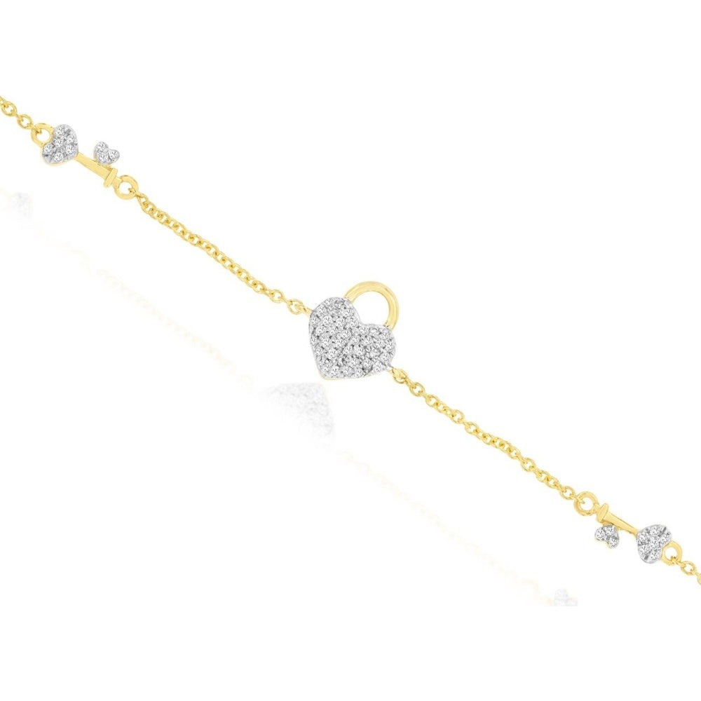14K Yellow Gold Heart and Key Station Bracelet with Pave Set Round Diamonds - 0.15 Carat Total Diamond Weight - Royal Jewelry