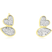 14K Yellow Gold Heart and Pear Drop Earrings with Prong-Set Round and Baguette Diamonds - 0.22 Carat Total Diamond Weight - Royal Jewelry