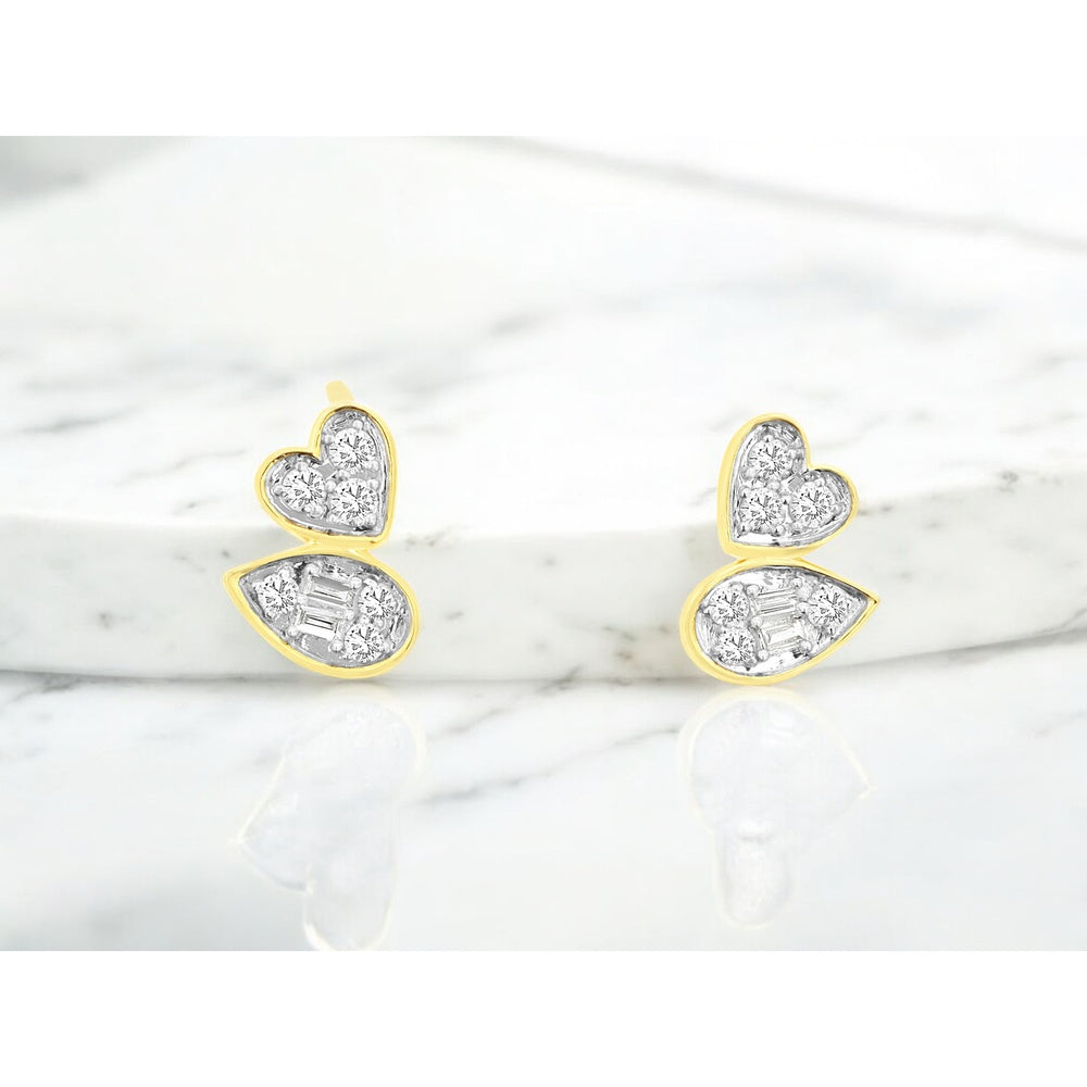 14K Yellow Gold Heart and Pear Drop Earrings with Prong-Set Round and Baguette Diamonds - 0.22 Carat Total Diamond Weight - Royal Jewelry