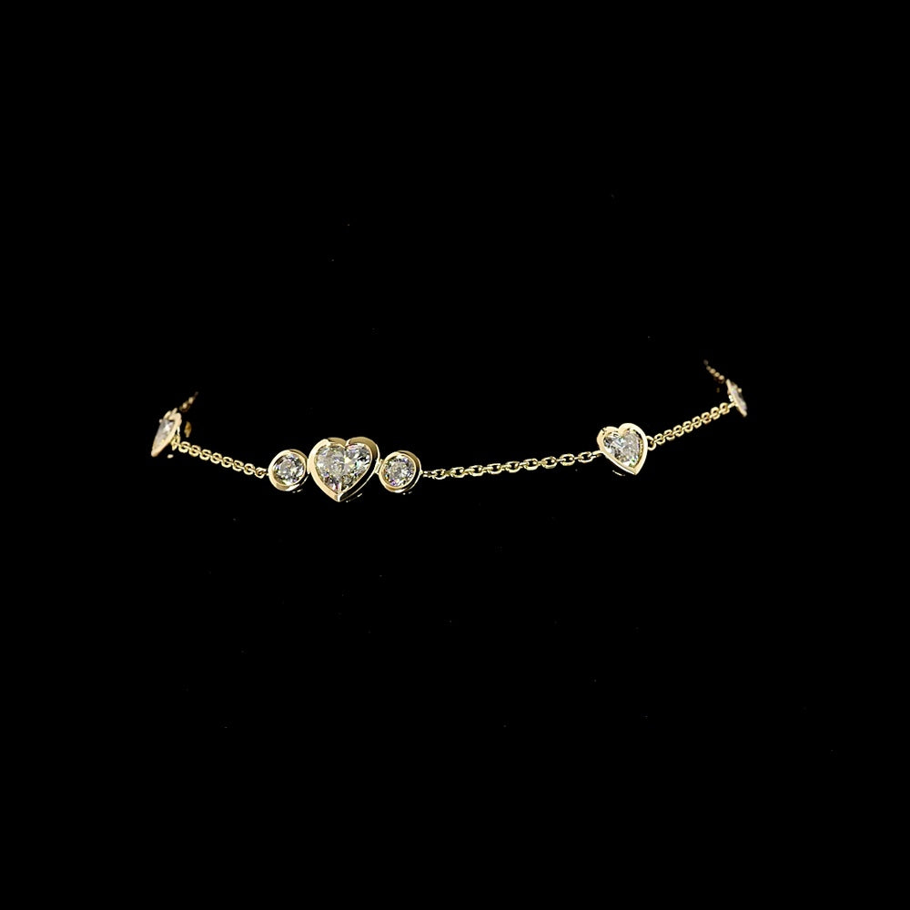14K Yellow Gold Heart and Round Diamond Station Bracelet with Bezel Set Lab Diamonds - 2.09 Carats Total Diamond Weight - Covaloro Fine Jewelry