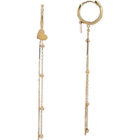 14K Yellow Gold Heart and Tassel Huggie Earrings with Asymmetrical Chain Design