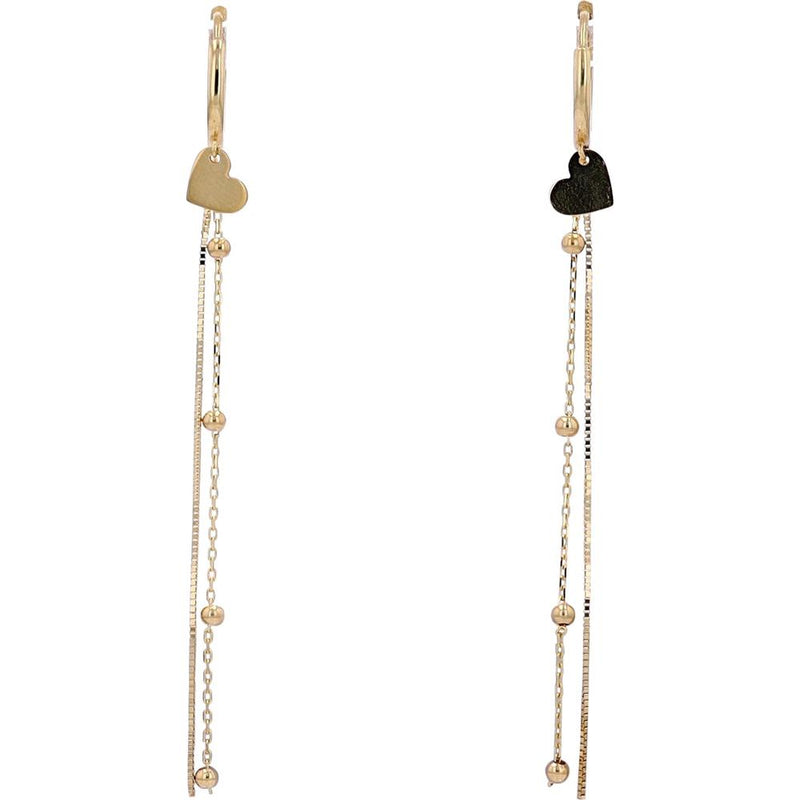 14K Yellow Gold Heart and Tassel Huggie Earrings with Asymmetrical Chain Design