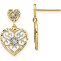 14K Yellow Gold Heart Beaded Filigree Dangle Earrings with Diamond Center - 0.10 Carat Total Diamond Weight by 0