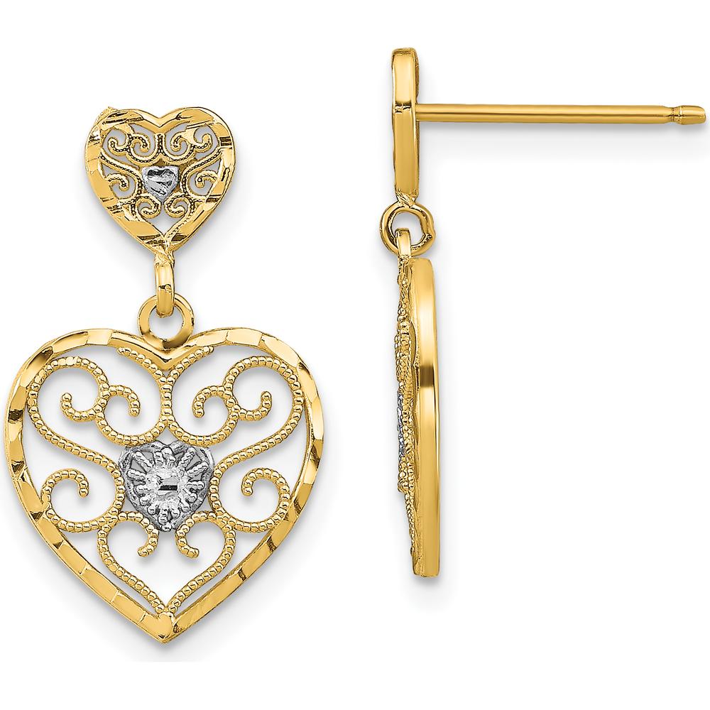 14K Yellow Gold Heart Beaded Filigree Dangle Earrings with Diamond Center - 0.10 Carat Total Diamond Weight by 0