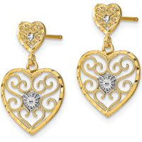 14K Yellow Gold Heart Beaded Filigree Dangle Earrings with Diamond Center - 0.10 Carat Total Diamond Weight by 0
