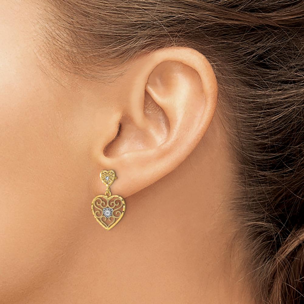 14K Yellow Gold Heart Beaded Filigree Dangle Earrings with Diamond Center - 0.10 Carat Total Diamond Weight by 0
