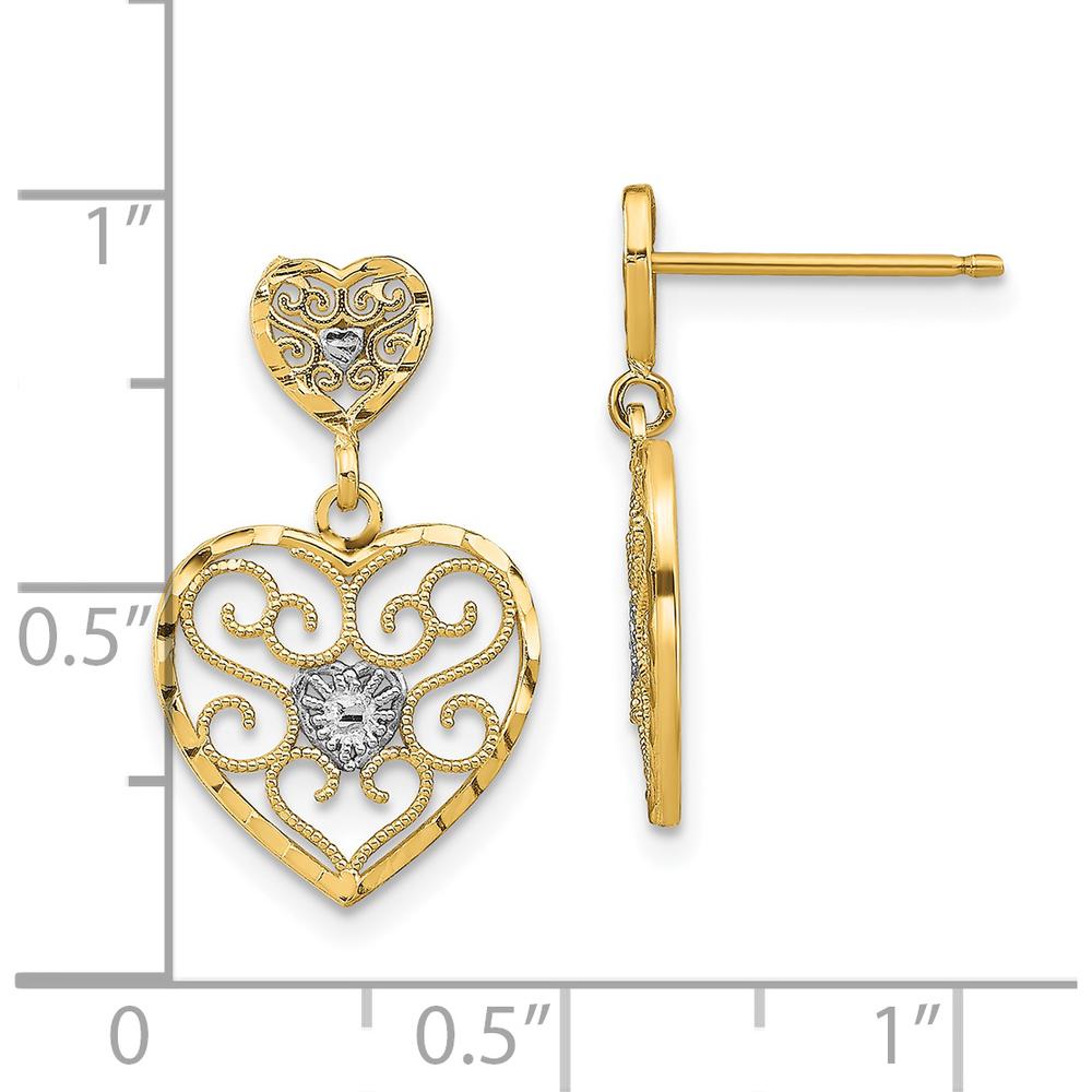 14K Yellow Gold Heart Beaded Filigree Dangle Earrings with Diamond Center - 0.10 Carat Total Diamond Weight by 0