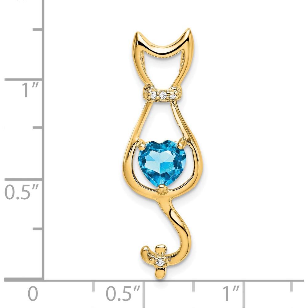 14K Yellow Gold Heart Blue Topaz and Diamond Cat Pendant Slide - 0.99 Carat Swiss Blue Topaz, 0.02 Carat Total Diamond Weight by Lumare Gioia