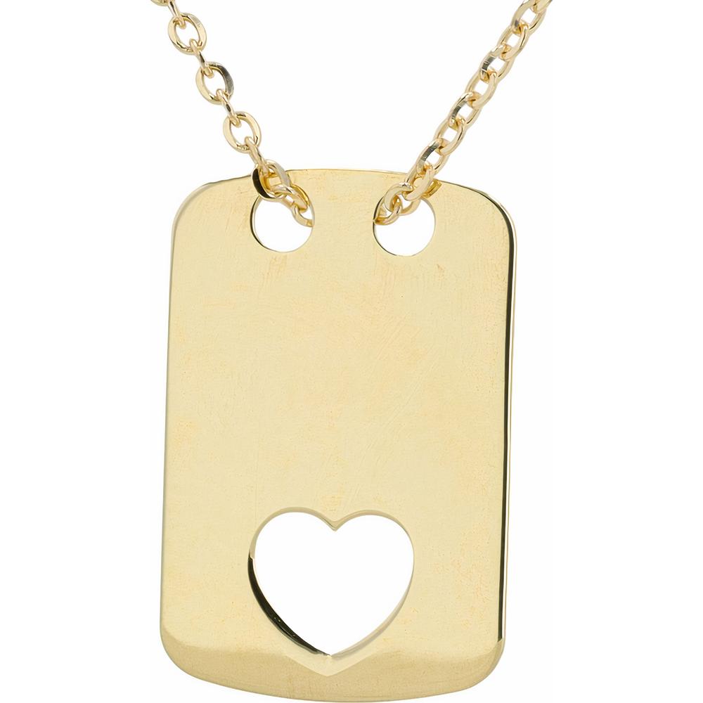 14K Yellow Gold Heart Cut-Out Dog Tag Pendant Necklace with 18-Inch Chain