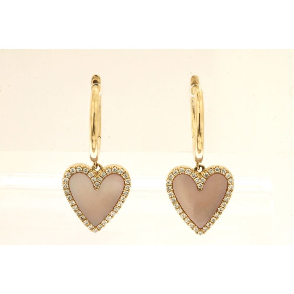 14K Yellow Gold Heart Drop Earrings with Diamond Halo and Pink Mother-of-Pearl Inlay - 0.24 Carat Total Diamond Weight - Royal Jewelry