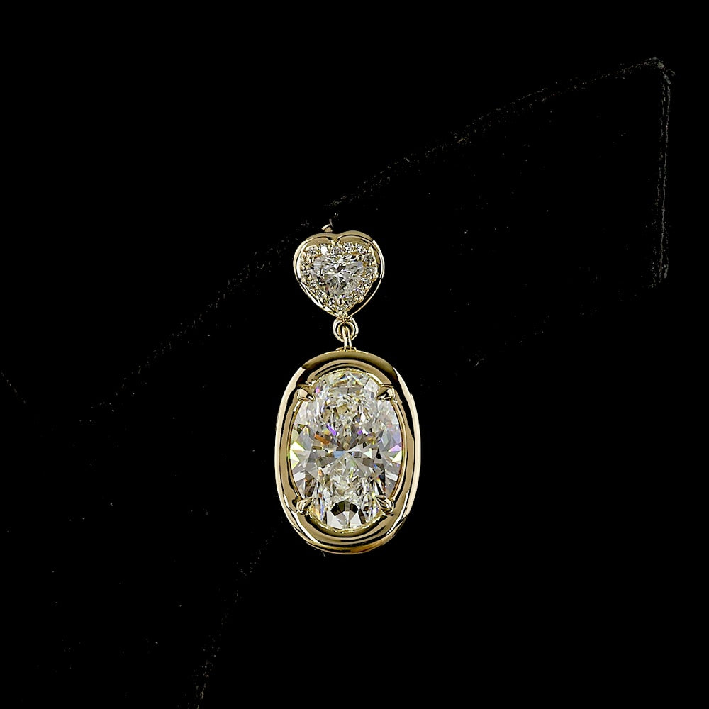 14K Yellow Gold Heart Drop Earrings with Oval Lab Diamonds and Heart Studs - 7.76 Carat Total Weight, E-F Color VS1-VVS2 Clarity - Covaloro Fine Jewelry