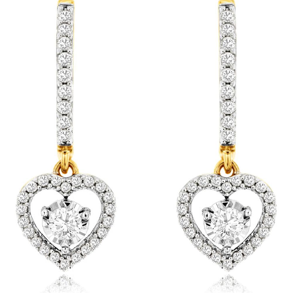14K Yellow Gold Heart Drop Earrings with Pavé and Prong-Set Round Diamonds - 0.50 Carat Total Diamond Weight - Royal Jewelry