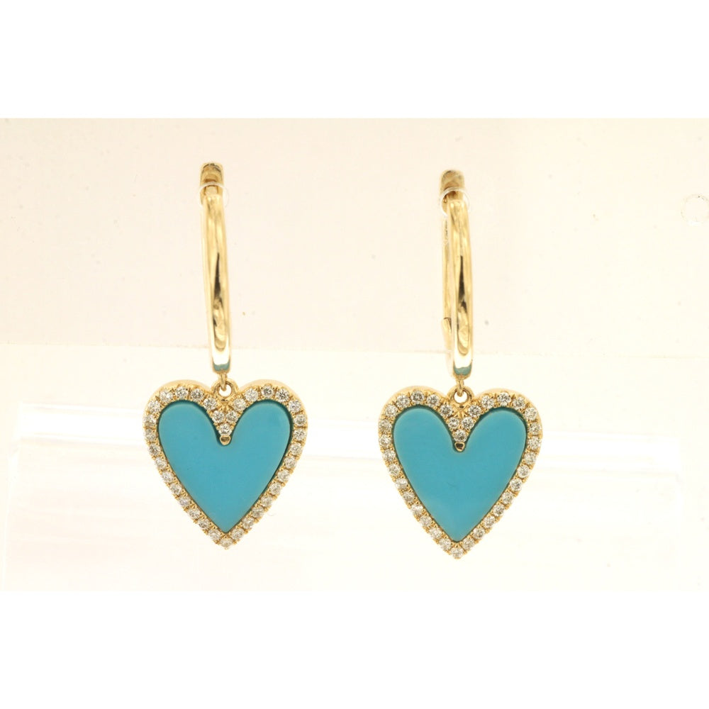 14K Yellow Gold Heart Drop Earrings with Prong-Set Round Diamond Halo and Turquoise Inlay - 0.24 Carat Total Diamond Weight - Royal Jewelry