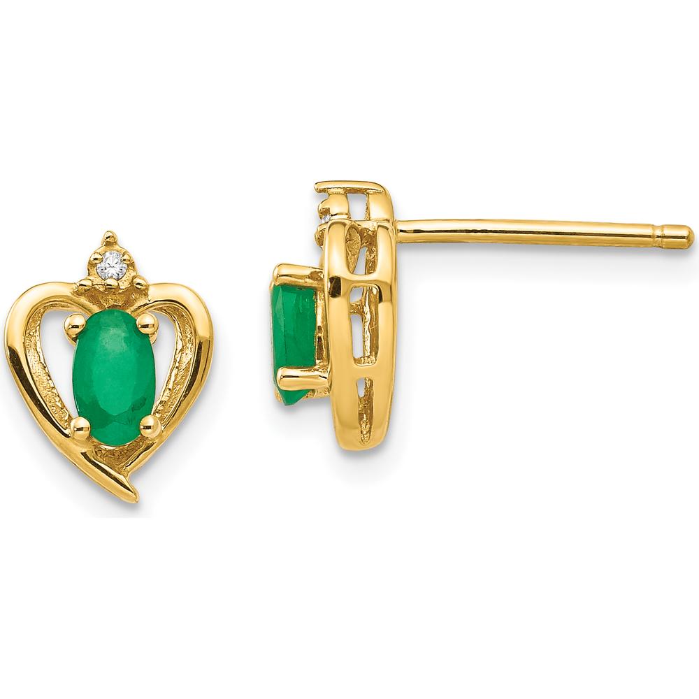 14K Yellow Gold Heart Earrings with Oval Emeralds and Round Diamonds - 0.293 Carat Total Emerald Weight, 0.005 Carat Total Diamond Weight by Oro Pregiato