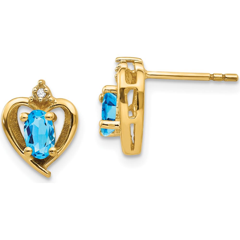 14K Yellow Gold Heart Earrings with Oval Swiss Blue Topaz and Round Diamonds - 0.30 Carat Total Blue Topaz Weight, 0.01 Carat Total Diamond Weight by Oro Pregiato
